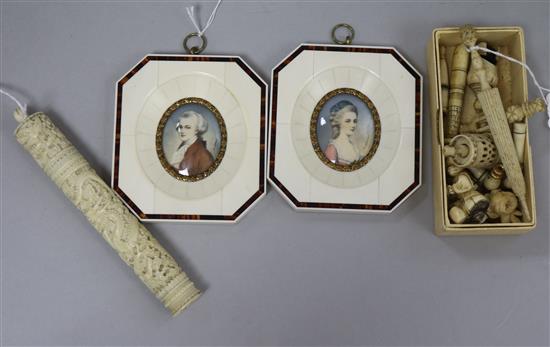 A pair of ivory and tortoiseshell miniature frames and sundry ivory and bone items,